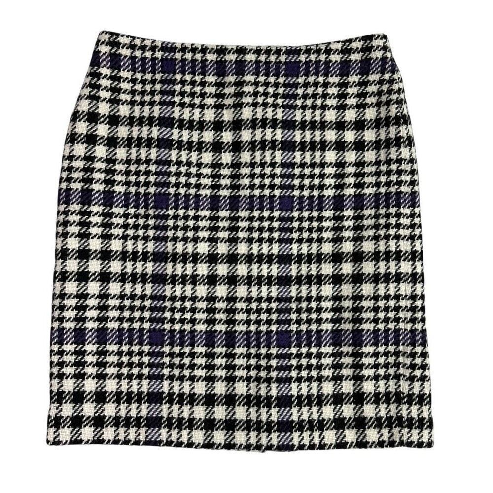 Talbots Wool Blend Skirt Size 10 Back Zipper Black Cream Purple Houndstooth